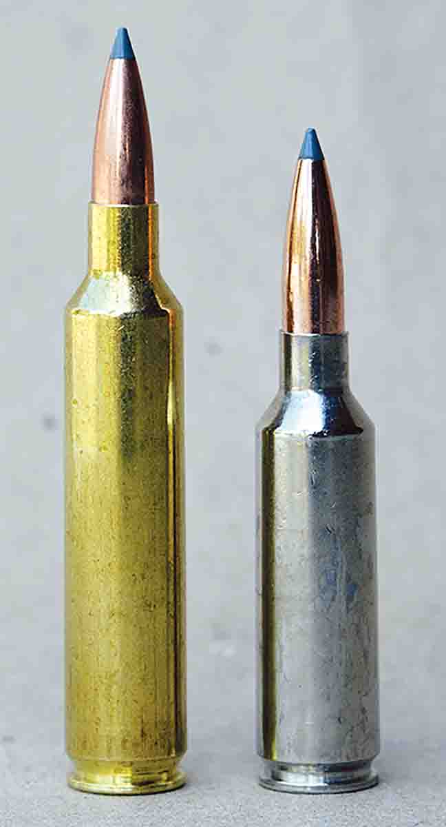 The .27 Nosler (left) is designed for heavy-for-caliber bullets and is designed to function in a .30-06 length action, while the 6.8 Western (right) is designed to function in a .308 Winchester length action.